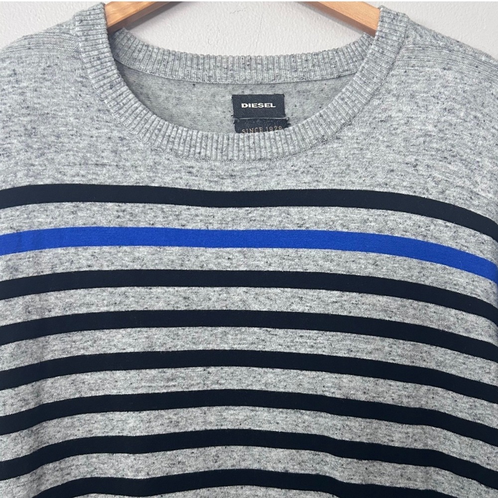 Diesel Sweater Mens XXL Gray Black Blue Stripe Cotton Blend Crew Neck Pullover